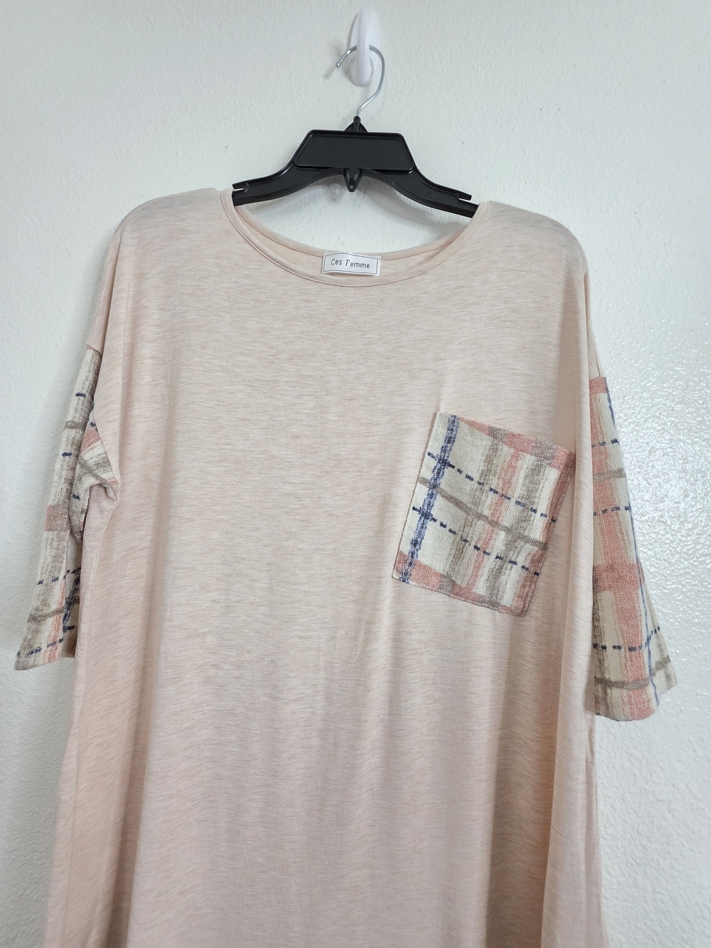 Ces Femme Womens Plaid Contrast Sleeve Pocket Top Medium Blush Pink - Picture 3 of 13